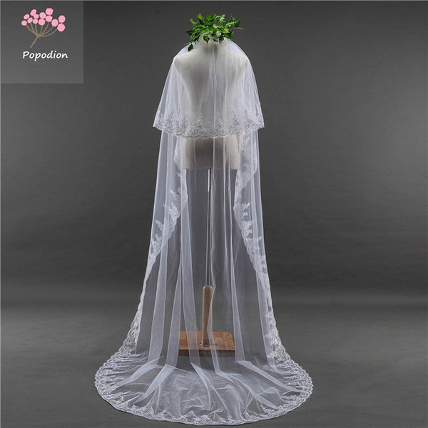 Popodion Wedding accessor 3 meters wedding veil long white wedding lace sequins bridal veils two-layer veils for bride with comb dhWAS10018