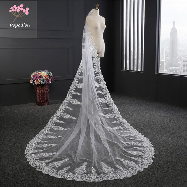 Popodion 3.5 meter wedding veil long white lace appliques wedding veil bridal veils mesh veils for bride with comb dhWAS10014