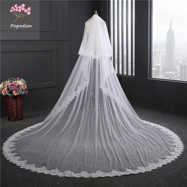 Popodion cover face 3.5 meters Cowedding veil long white wedding lace veil bridal veils two-layer veils for bride with comb dhWAS10017