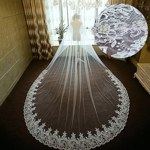 Cheap Veil Long Chapel Train One Layer Bridal Veil Long Wedding Veil Tulle Lace Edge Pearls Bridal Accessories