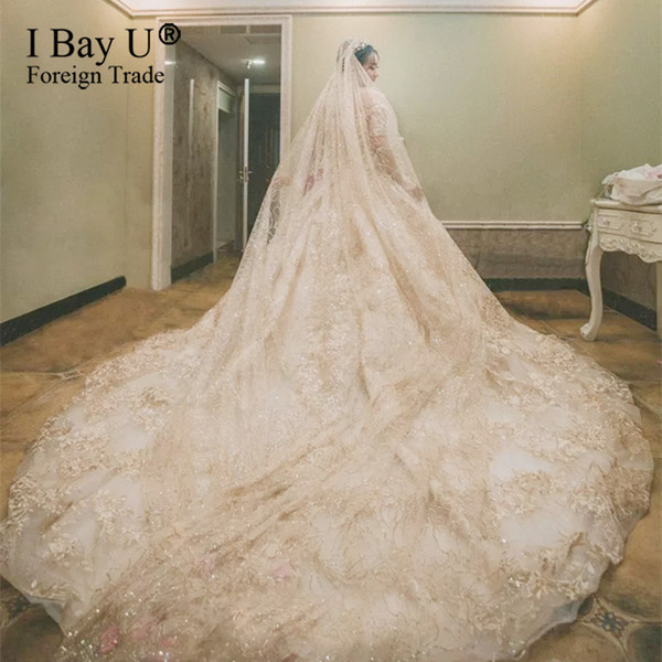 New Luxury Bling Wedding Veils With Comb Blusher Champange Glue Glitter Cut Edge 350cm 3.5M Long Bridal Veil Wedding Accessories