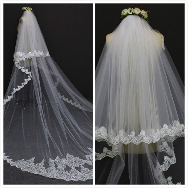 New Bridal Veil Velos De Novia Two Layers Lace 3 Meters Long Wedding Veils with Comb