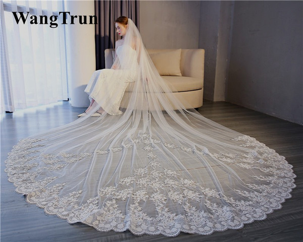 Ivory Luxury Real Image Wedding Veils 3.5 Meters Long Veils Lace Applique One Layer Cathedral Length Cheap Bridal Veil