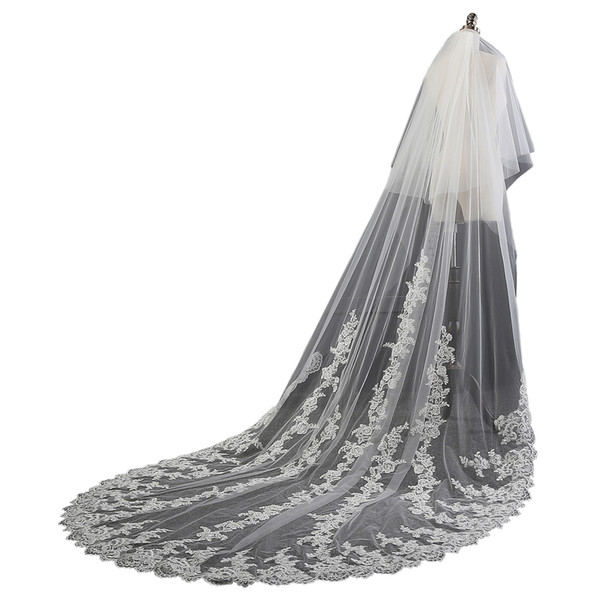 ZYLLGF Long Tulle Wedding Veils With Appliques Cathedral Bridal Veils Veu De Noiva Com Pente Free Shipping