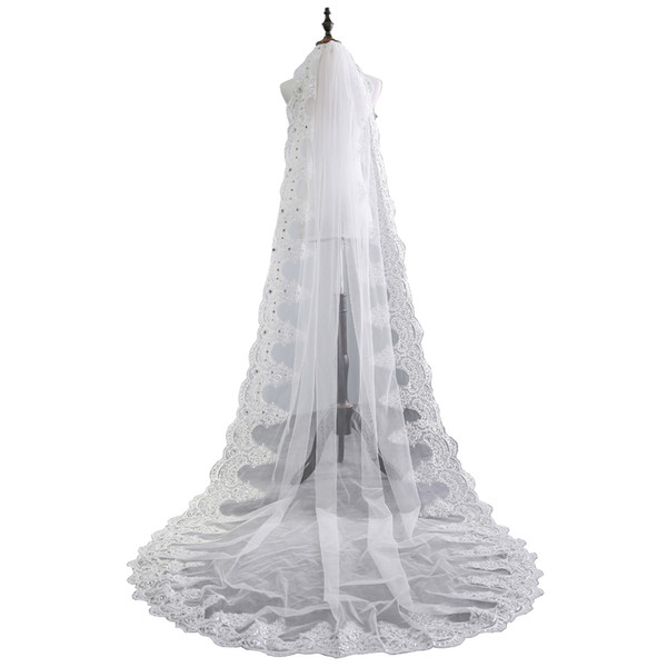 ZYLLGF Luxury Crystal Beaded Wedding Veils 1 Tiered Lace Edge Long Cathedral Length Bridal Veils For Bride In Stock