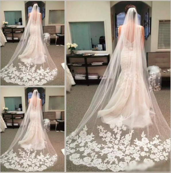 Best Selling Cheapest In Stock Long Chapel Length Bridal Veil Appliques 2018 Veu De Noiva Longo Wedding Veil Lace Purfle with Comb