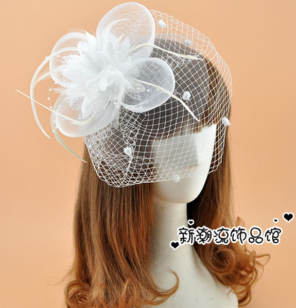 Free Shipping Hot Sale White Black Red Birdcage Net Bridal Veils Wedding Bridal Fascinator Face Veils Feather Flower with Hairpins