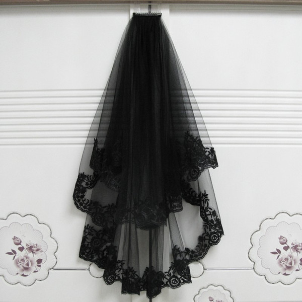 Short Wedding Veils Halloween Decoration Black with Comb Two Layer Lace Appliques Hair accessory Mariage Bride Veils 65cm-85cm 2018 New