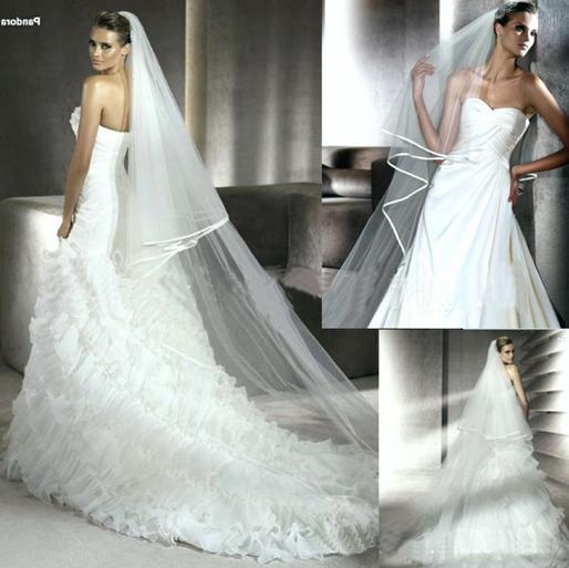 Wholesale Bridal single layer veil + comb ribbon ribbon side long section of tail veil white TS722