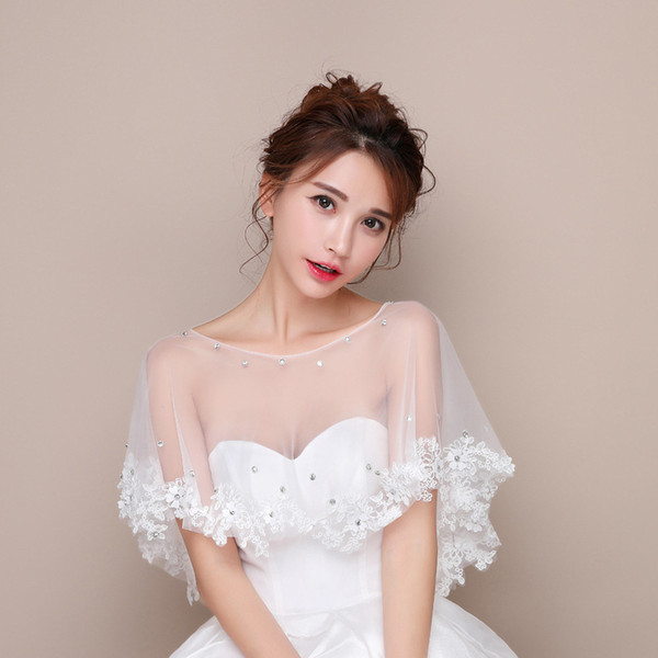 2017 Summer Ivory Bridal Boleros Soft Tulle with lace Applique Shining Beads Free Size Wedding Accessories Bridal Wraps Cheap