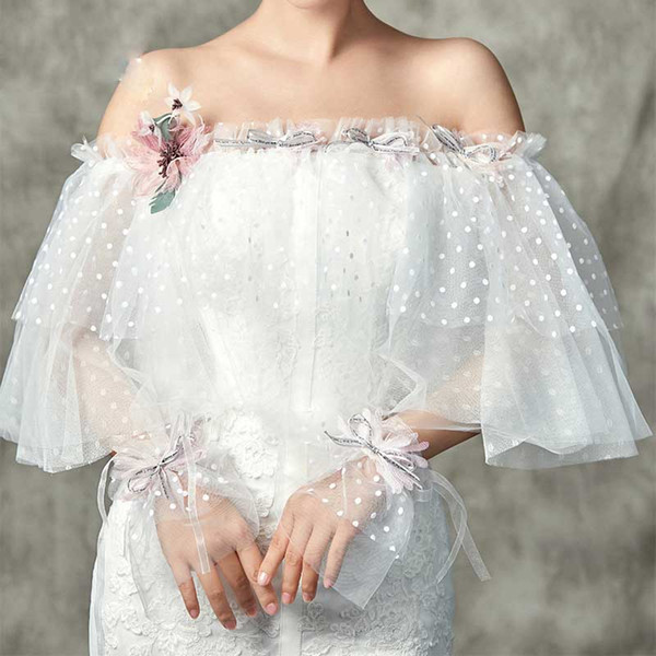Fairy Bridal Boleros Soft Tulle with Floral Applique Wedding Accessories Bridal Wraps Elasctic Ivory Free Shipping