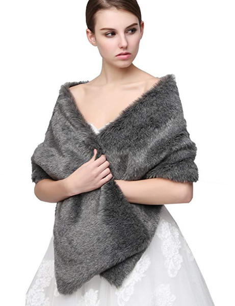 ClearBridal Women's Faux Fur Wrap Shawl Cape Party Or Wedding In Grey 17005