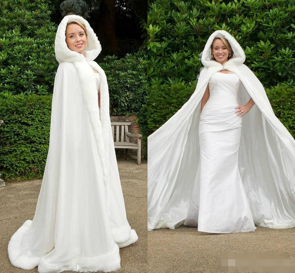 Gorgeous Winter White Ivory Wedding Cloak Cape Hooded with Faux Fur Trim Long Bridal Jacket