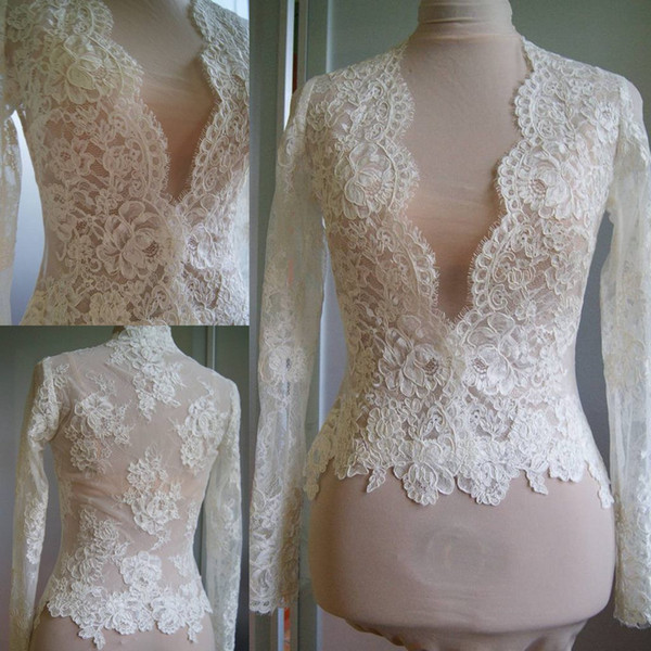 Ivory Lace Wedding Bolero Jacket White Bridal Long Sleeves Tops Shawl V-Neck Custom Made