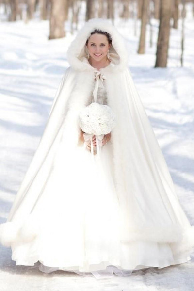 New Arrival Custom Made White Winter Gorgeous Satin Hooded Wedding Coat Dresses For Bridal Cape Wrap