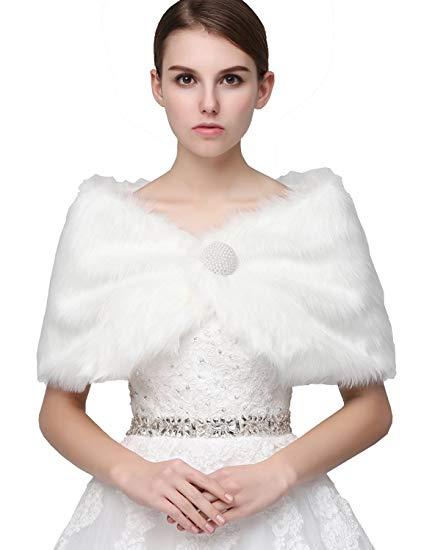 Clearbridal Women's Faux Fur Wrap Cape Stole Shawl Bolero Jacket Coat Shrug for Winter Wedding Dress