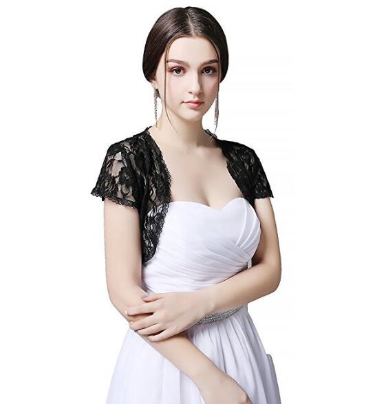 Latest Fashion Hot Selling Black Lace Short Sleeves Bolero See Through Bridal Jackets Good Quality European American Style