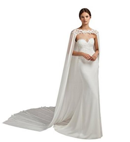 New Arrival Sweep Train Bridal Cape Custom Made White Chiffon Lace Neckline Wedding Cloak Wholesale Price