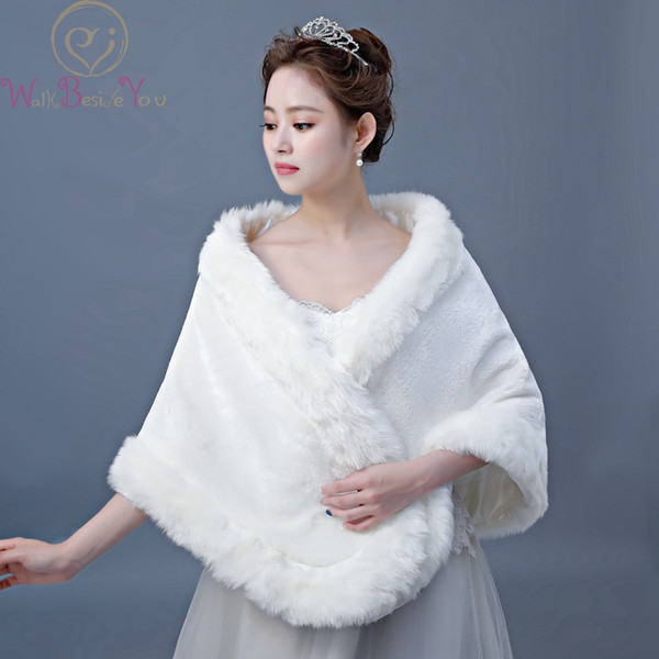 100% Real Photo Bridal Capes Faux Fur Wrap Ivory High Quality chal de piel toreras y Boleros Winter Sleeveless Wedding Shawl