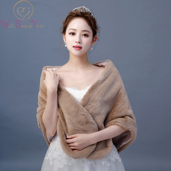 Walk Beside You Brown Wedding Wrap Faux Fur Camel Bridal Shawl Formal Party Shrug Winter Warm Bolero Women Cape Cloak 2018