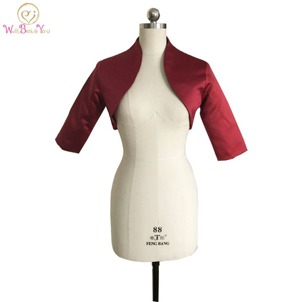 Walk Beside You Burgundy Wedding Jacket Evening Bolero Women Cape Mariage Satin Three Quarter Sleeves Party Wrap Shrug Custom