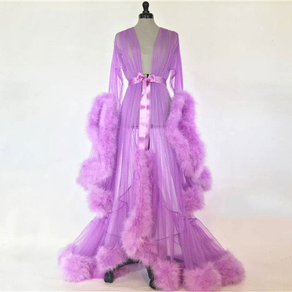 Purple Feather Bridal Boudoir Robe Bridal Tulle Illusion Sexy Trumpet Sleeves Long Feather Robe Costume Mingli Tengda