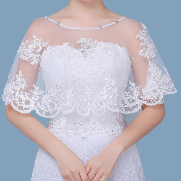 Hot sale off Shoulder Bridal Lace Bolero Applique Cape Low Front Long Back White Shrug Women Shawls Wedding Accessories CPA1295