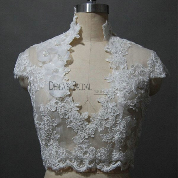 2017 Bridal Wedding Jacket with High collar V-neck Capped Sleeve Lace Appliques Handmade Flowers Pearls Buttons Real Images Wedding Bolero