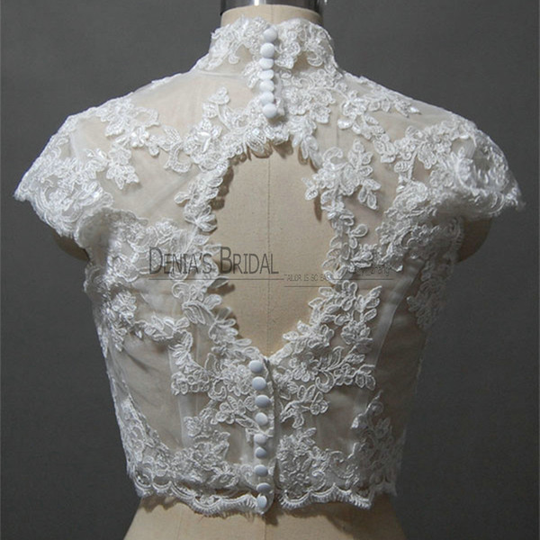 2017 Bridal Wedding Jacket with Keyhole Back High collar V-neck Capped Sleeve Lace Appliques Handmade Flowers Pearls Buttons Wedding Bolero