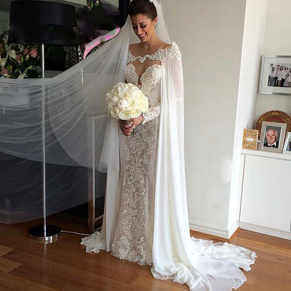 Elegant 2019 Wholesale 115'' Chiffon Wedding Wraps Appliques Lace Long Bridal Cloak Lace Bridal Wedding Cape