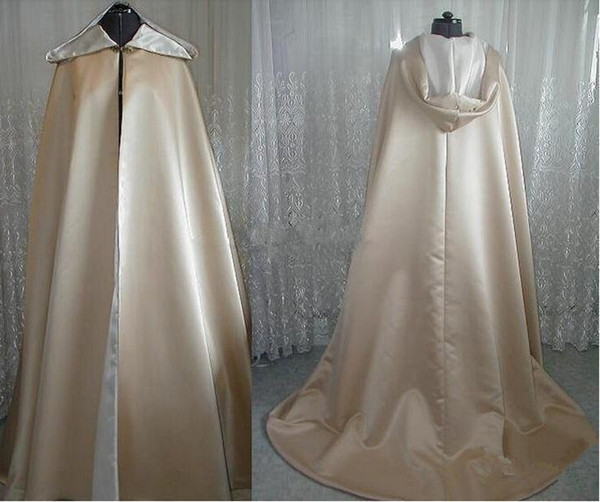 Vintage Design Superior Quality Champagne Satin Hooded Long Length Cloak for Wedding Bride Winter Cape