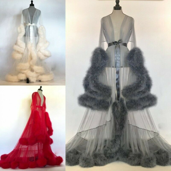 Fur Trim Womens Maxi Tulle Sleepwear Nightgown Party Bathrobes Pyjams Robes Luxury Bride Sleepwear Bath Robes Women Pajama