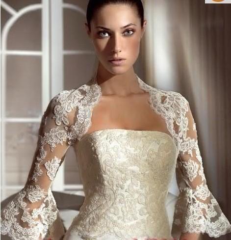 2015 Bridal Jackets with Half Sleeves Cheap Bridal Accessories Wedding Wraps with Appliques Custom Made Wedding Boleros with Flare Sleeve