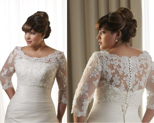 Plus Size Bridal Jackets Boleros White Ivory Lace Sequin 3/4 Sleeve Button Ribbon Round Neck Wedding Accessories