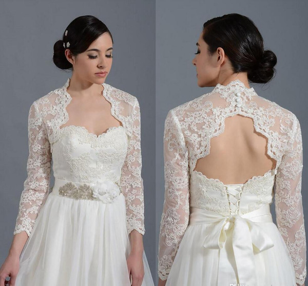 2018 vintage lace applique Long Sleeves Lace Bolero with Keyhole Back Bridal Jacket for Brides Wedding Wraps