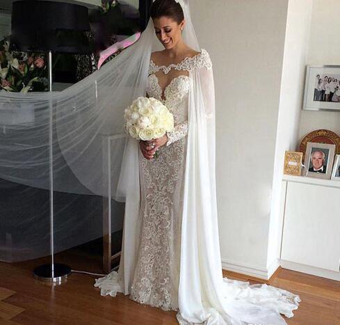 2018 Hot Sale White ivory Chiffon Wraps Appliques Lace Wedding Jacket Bridal Cloak Lace Bridal Dress's Cape