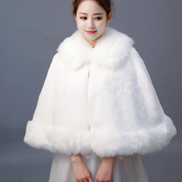 Ivory Women Wraps Bridal Jackets Cloak Outwear Winter Warm Faux Fur Wedding Coats Bolero Jackets With Collar For Special Occasion Prom Party