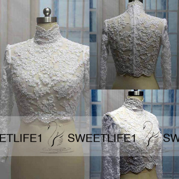 Hot Sale Lace Bridal Wedding Jacket Coat High Neck Applique Beads Long Sleeves Bridal Wrap Bolero Custom Made Cheap High Quality Accessories