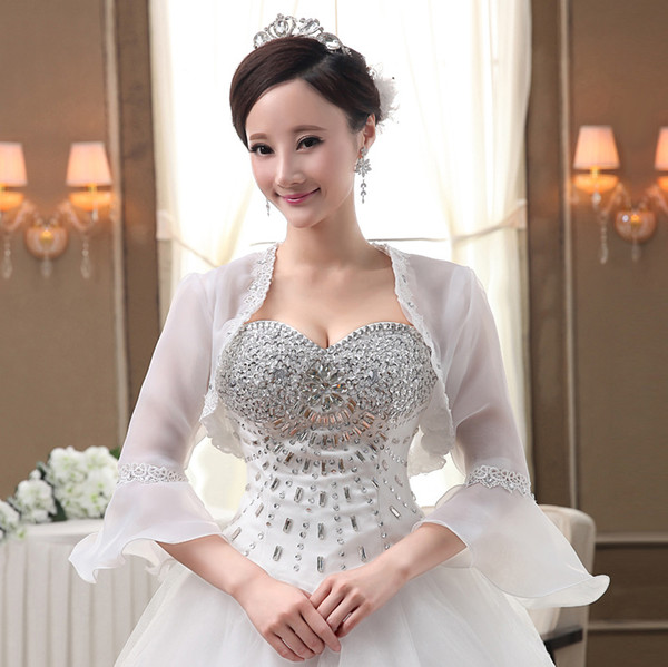 Free shipping 2015 New Summer Beading White Bridal shawl Long sleeve Wedding Accessories Hot sale