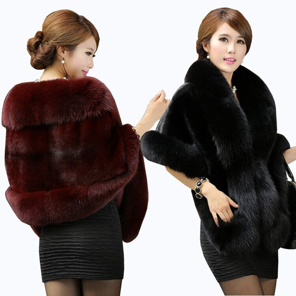 Luxurious Faux Fur Bridal Shawl Fur Wraps Marriage Shrug Coat Bride Winter Wedding Party Boleros Jacket Cloak Burgundy Black White Red