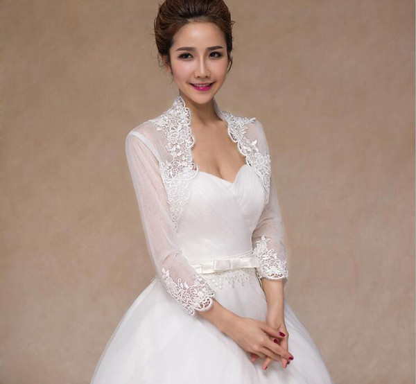 New Bridal Jacket with Long Sleeve Lace Wedding Bolero Plus Size 3/4 Sleeves Applique Ivory Tulle Wedding Jacket