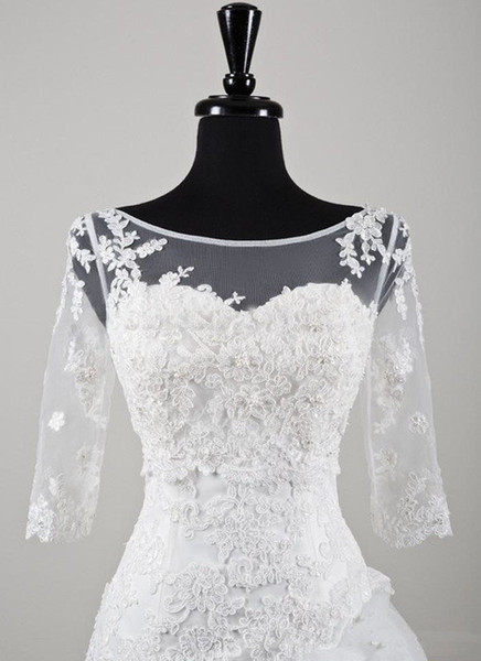 2017 New Arrival Long 3/4 Sleeve Lace Bridal Bolero Jacket Elegant Cheap Tulle Wedding Jackets With Lace Appliques