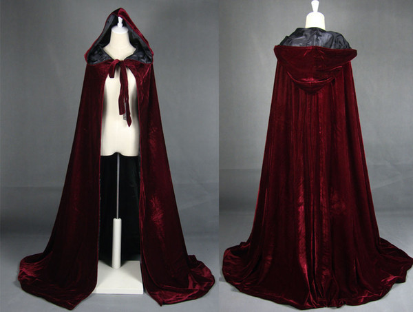 2018 NEW Wine red with black lining Gothic Hooded Velvet Cloak Gothic Wicca Robe Medieval Witchcraft Larp Cape