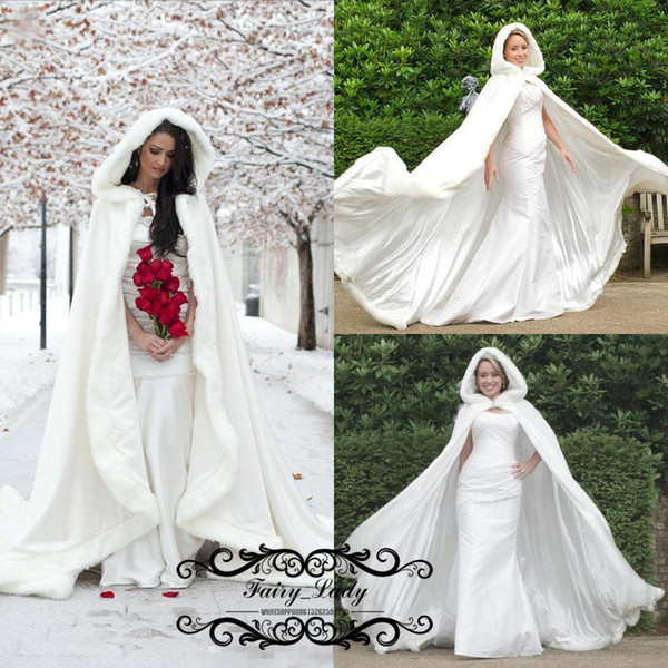 Real Image Hooded White Ivory Bridal Cape Jacket Long Wedding Cloaks Faux Fur For Winter Wedding Wraps Bridal Cloak