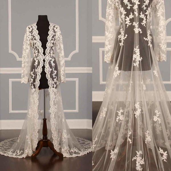 2017 Custom Real Wedding Jackets Lace Sale Sexy Illusion Ivory Applique Tulle Long Sleeve Luxury 3 Meters Bridal Jacket