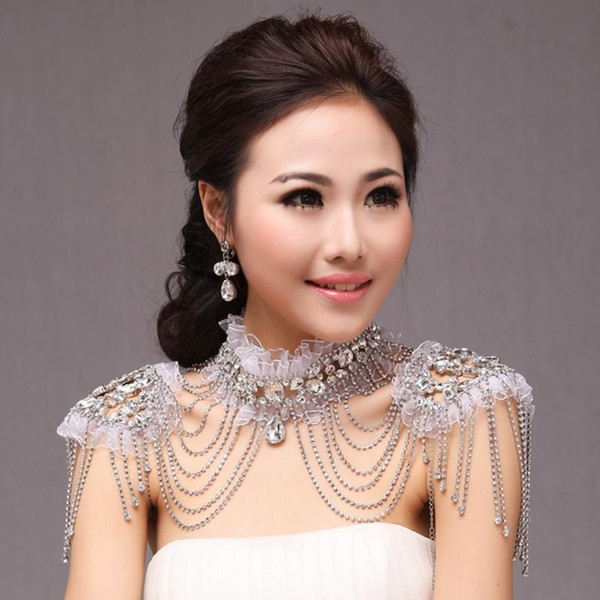 Bling Bling 2018 Bridal Shoulder Chain High Neck Jewelry Rhinestone Beading Crystal Lace Appliques Necklace Wedding Accessories