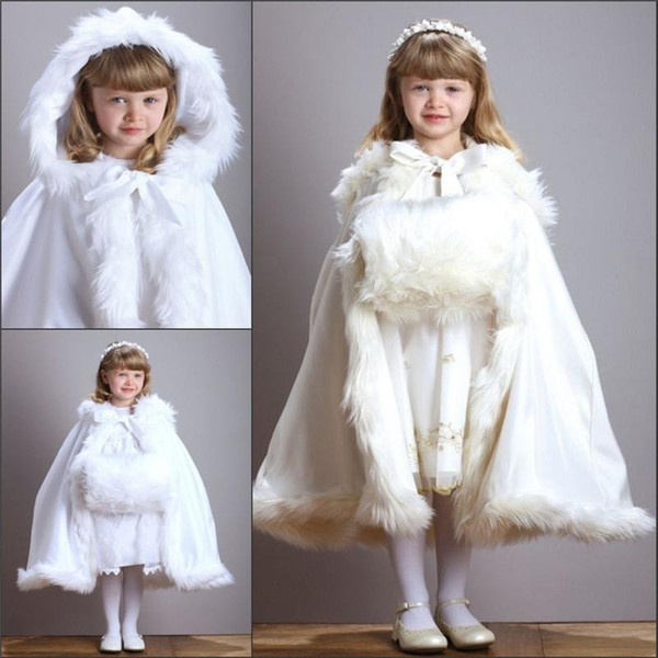 Cute Winter Wedding Coat Princess Flower Grils Bridal Cape Ivory Satin with Fur Trim Wedding Cloak Vintage Christmas Accessories