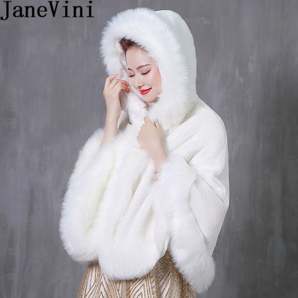 JaneVini 2019 Hooded Short Shrugs for Women Winter Cloack Faux Fur Wedding Wraps Bolero Fourrure Bridal White Cape Coat Abrigos Novia