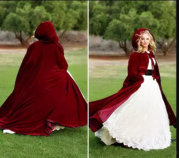 Burgundy Long Velvet Christmas Hooded Cloak Bridal Cloaks Capes Winter Halloween Floor Length Jacket Wedding Shawls Bridesmaid Wraps