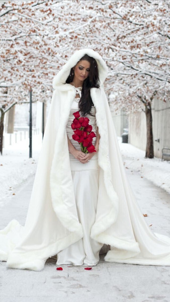 2016 Winter Bridal Cloak in Satin and Fur Custom Made Ivory White Full Length Bridal Capes for Weddings